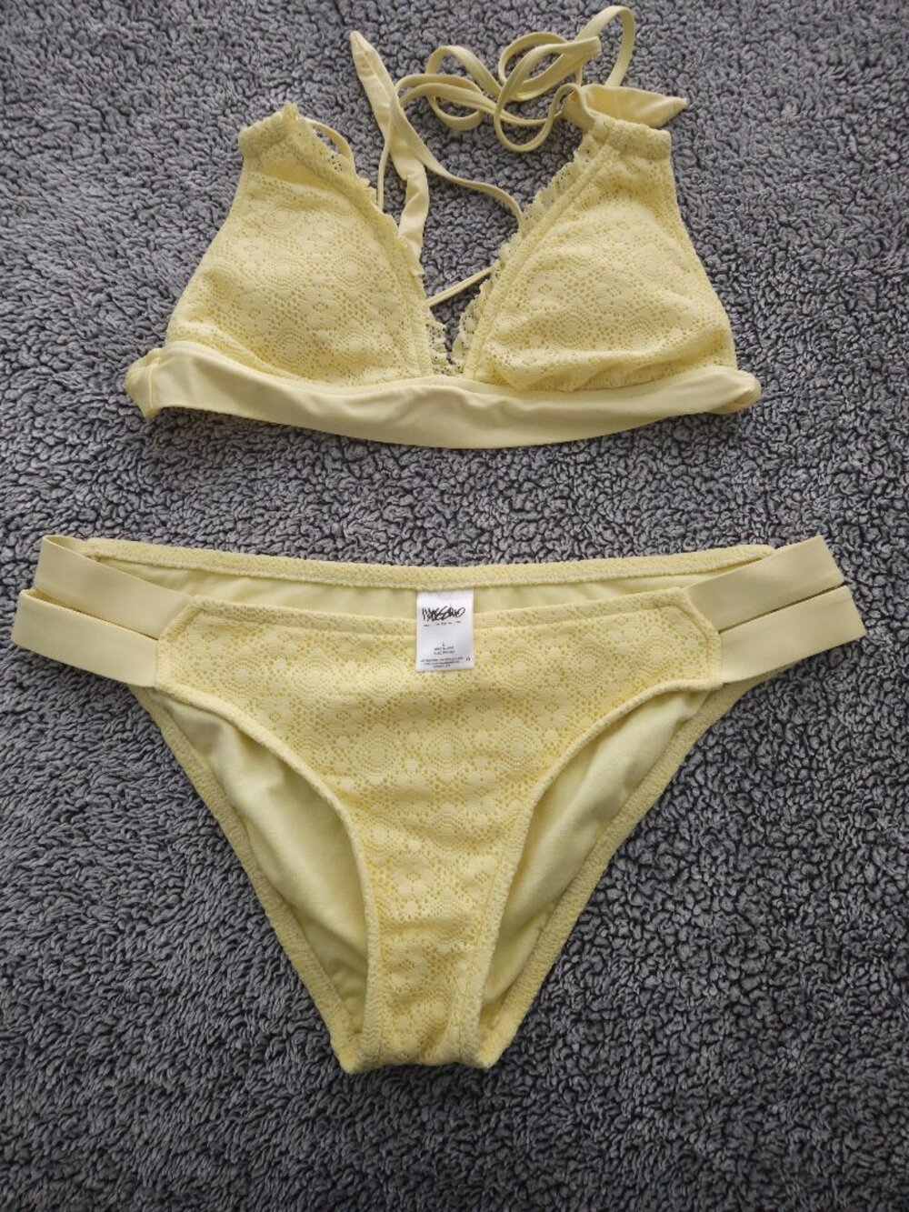 Massio Yellow Crochet Two‑Piece Bikini – Small Top / Large Bottoms, Barely Worn